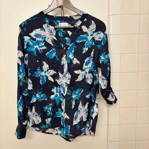 Carve Designs Floral Cotton Popover Gauze V-Neck Long Sleeve with Roll Tab